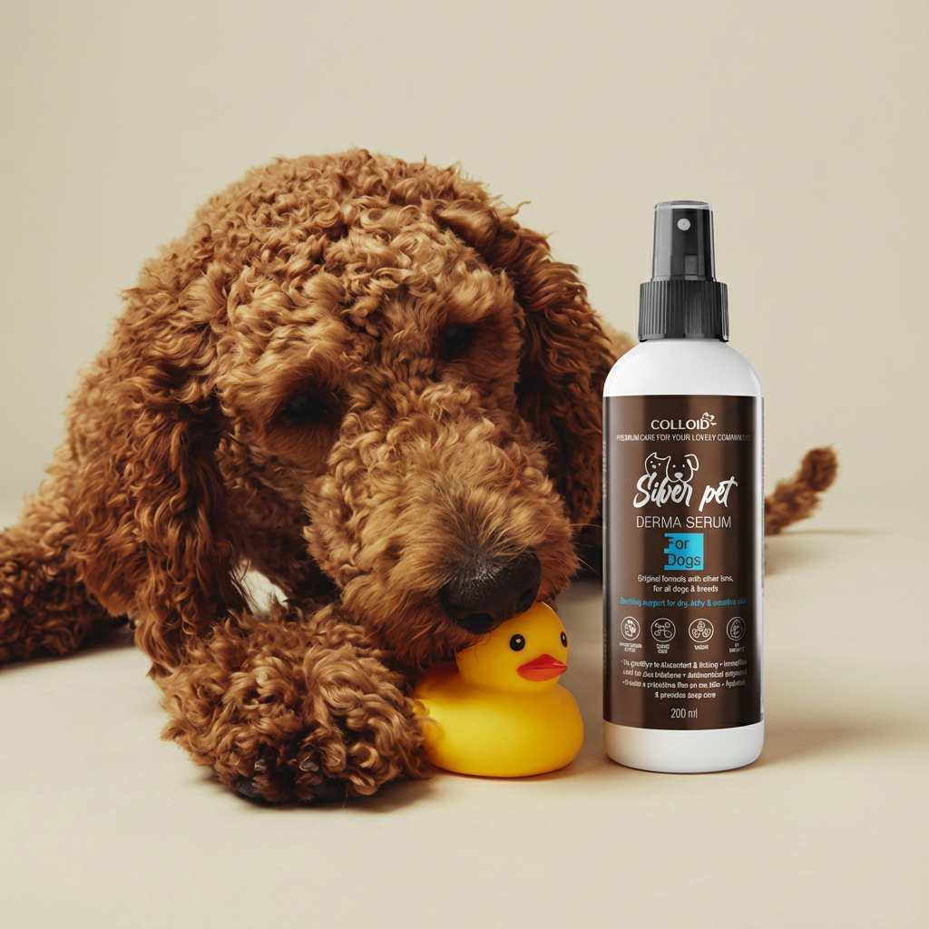 Brown dog with a rubber duck and a bottle of Collonil Silver Pet Derma Serum 